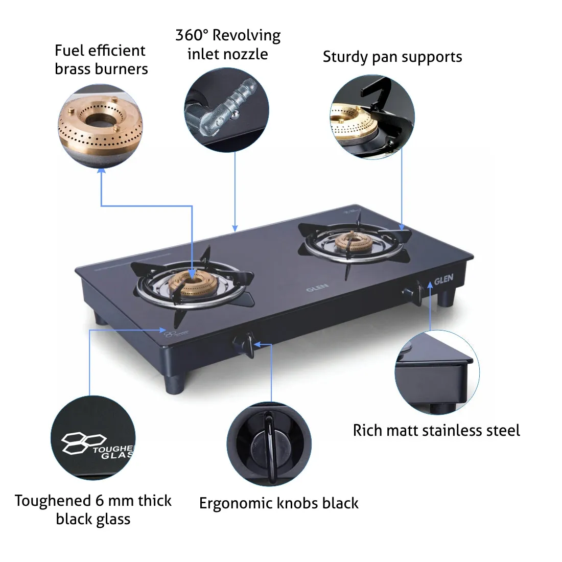 2 Burner  Glass Gas Stove with Brass Burner Black (1020 GT BB BL)