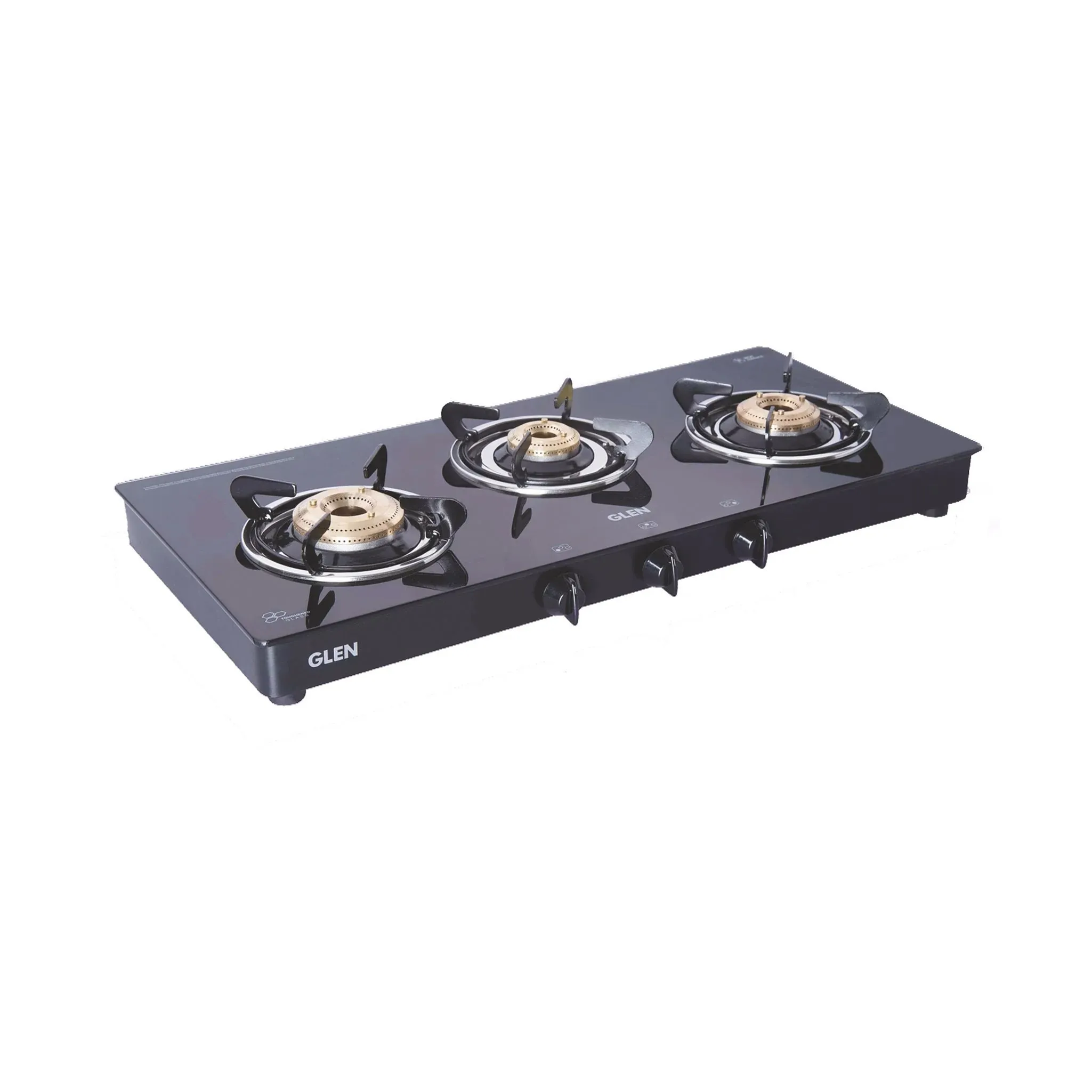 3 Burner  Glass Gas Stove with Brass Burner Black (1033GT BB BL) - Manual/Auto Ignition