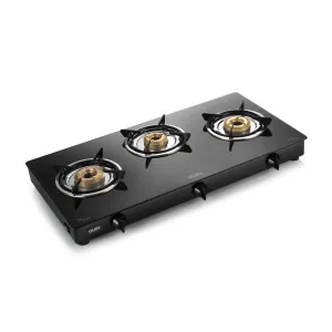 3 Burner Glass Gas Stove with Brass Burner Black (1037 GT BB BL)