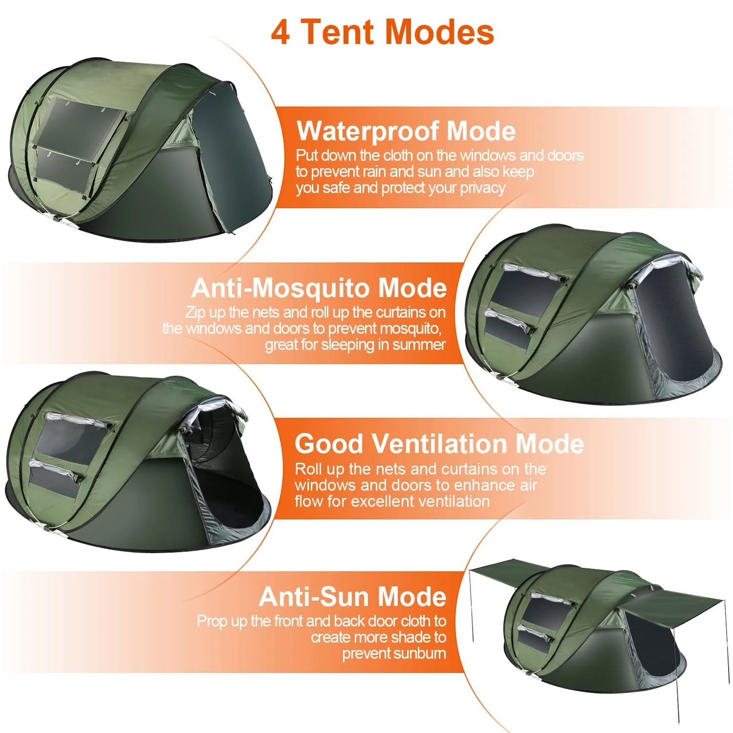 5-8 Person Pop Up Tent Automatic Setup Camping Tent Waterproof Instant Setup Tent with 4 Tent Poles 2 Mosquito Net Windows Carrying Bag for Hiking Climbing Fishing