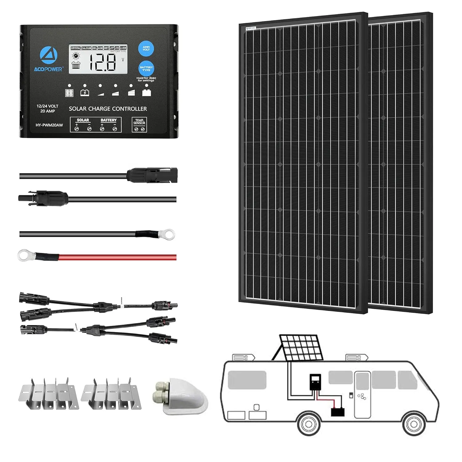 Acopower 200w kit
mono 200w 20A PWM