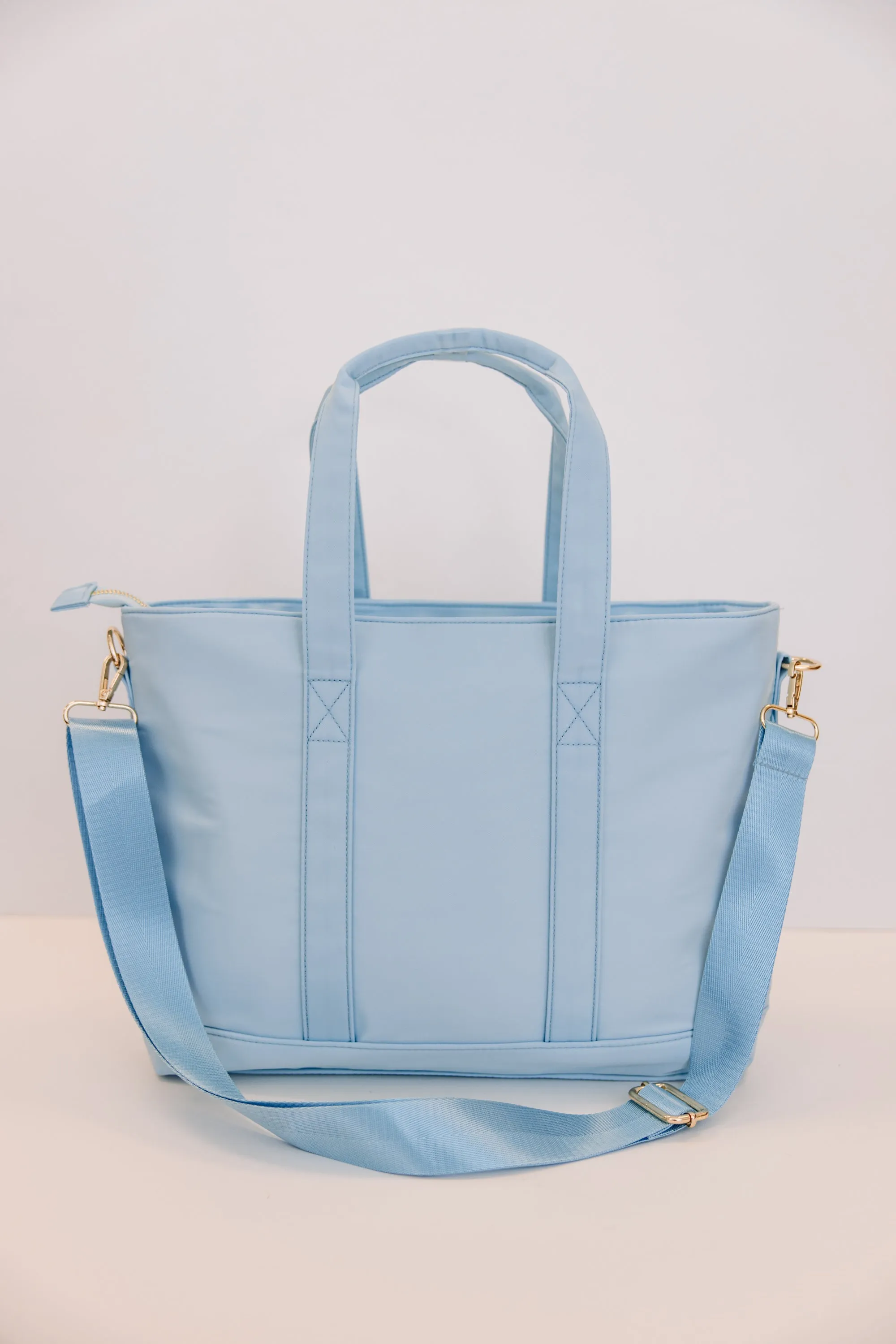 All You Need Light Blue Varsity Tote