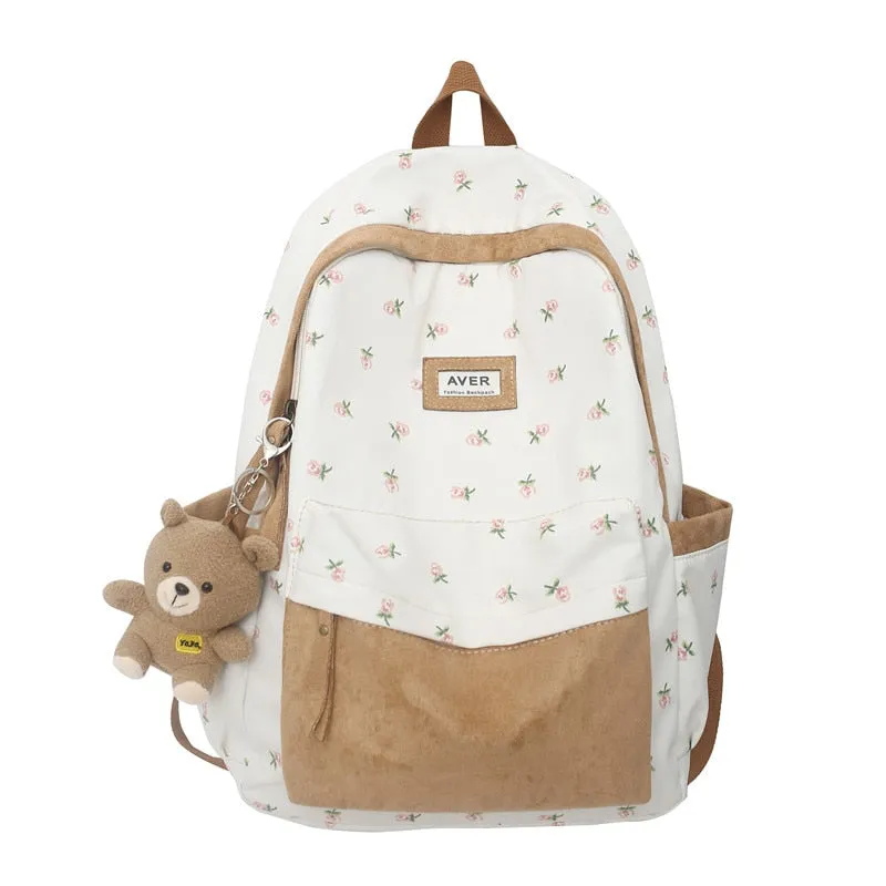 Beary Cute Kawaii Two-Tone Floral Backpack with Kawaii Charm