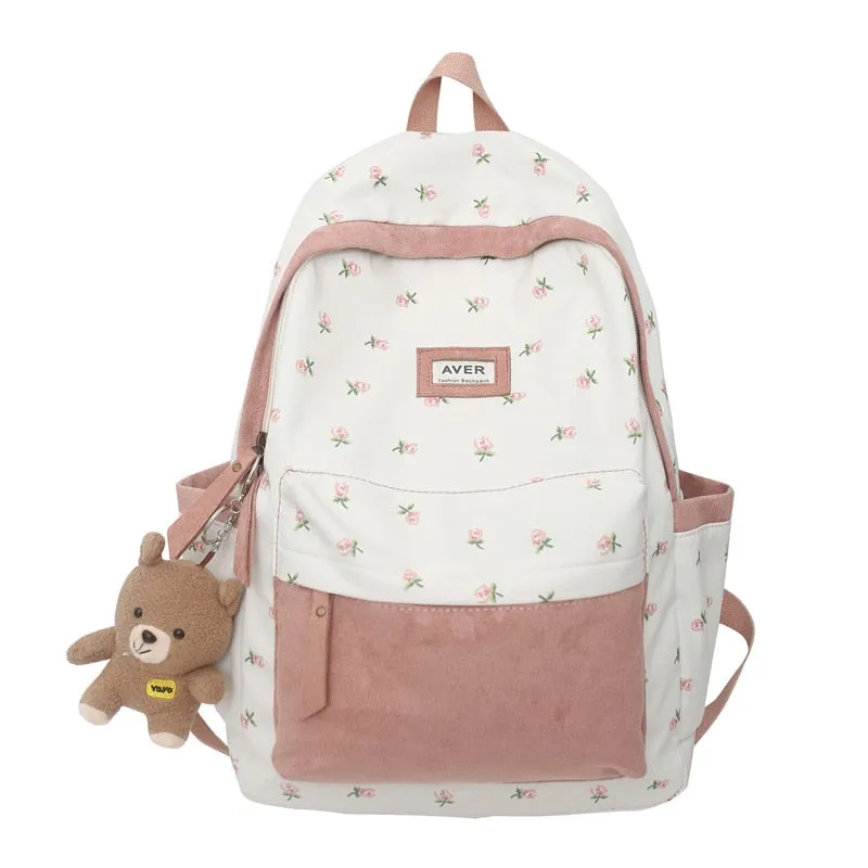 Beary Cute Kawaii Two-Tone Floral Backpack with Kawaii Charm