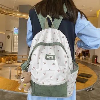 Beary Cute Kawaii Two-Tone Floral Backpack with Kawaii Charm