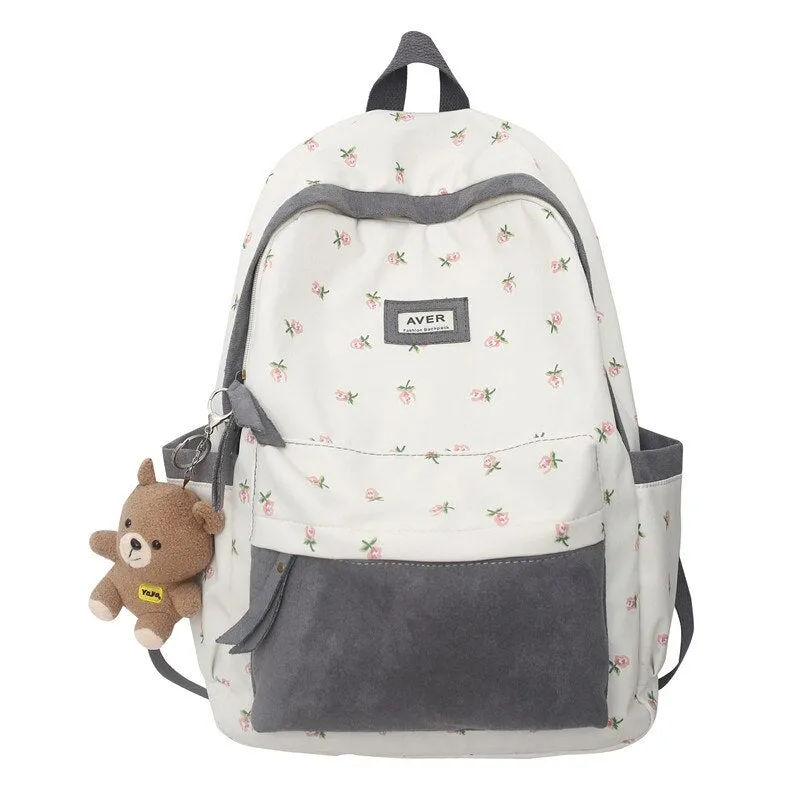 Beary Cute Kawaii Two-Tone Floral Backpack with Kawaii Charm