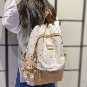 Beary Cute Kawaii Two-Tone Floral Backpack with Kawaii Charm