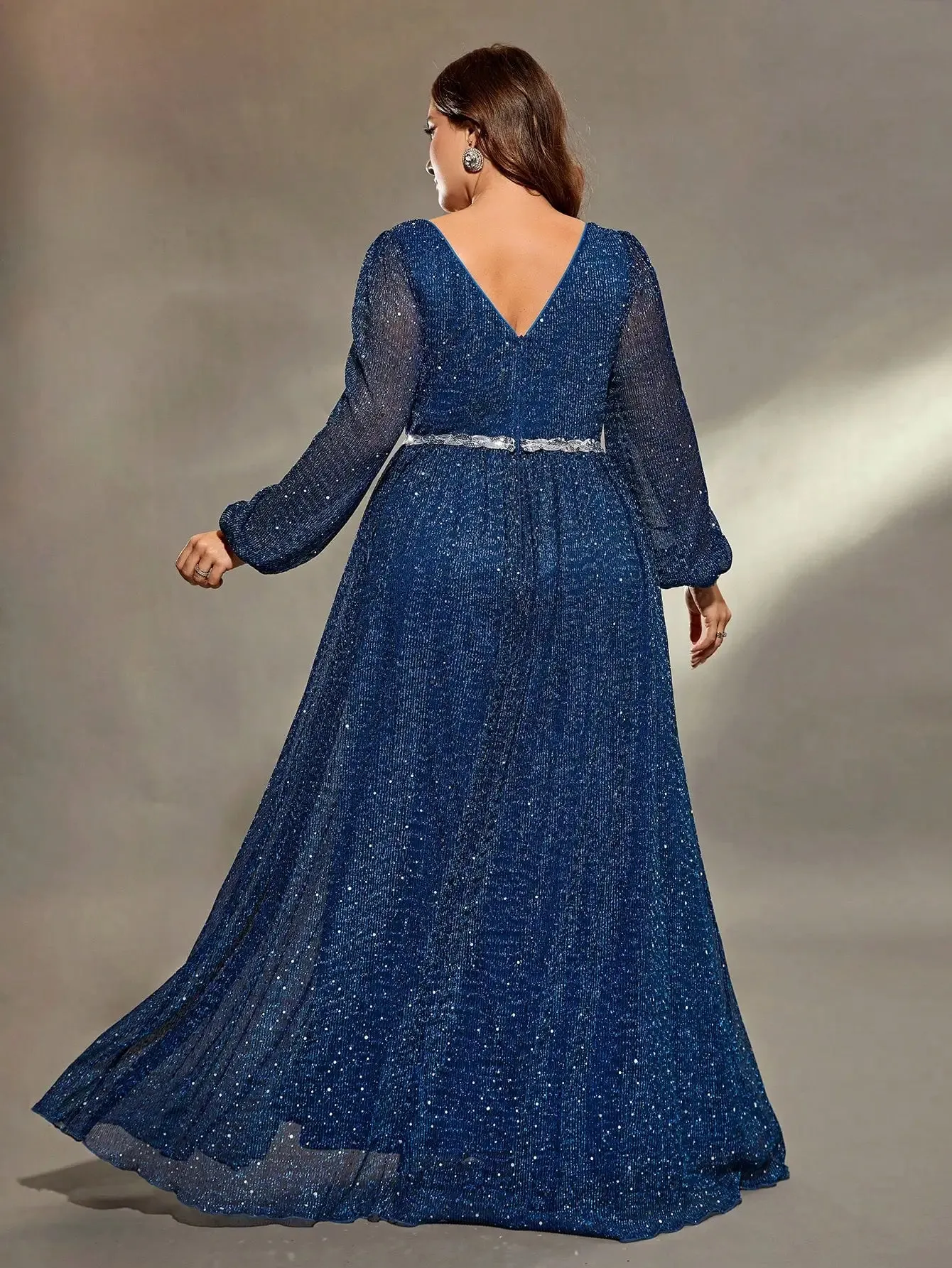 Blue Plus Size Glitter Sequins Long Sleeve Evening Gown