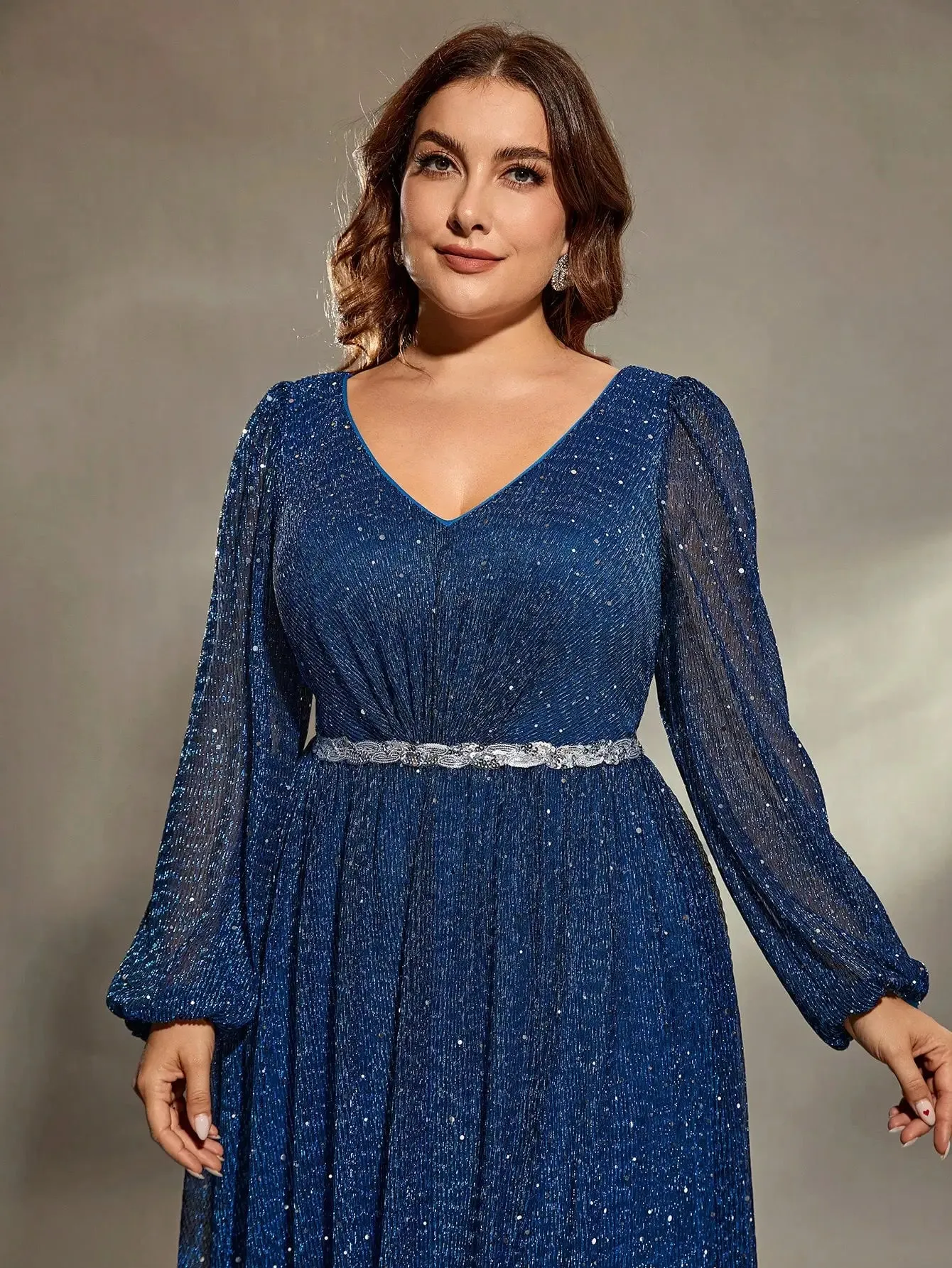 Blue Plus Size Glitter Sequins Long Sleeve Evening Gown