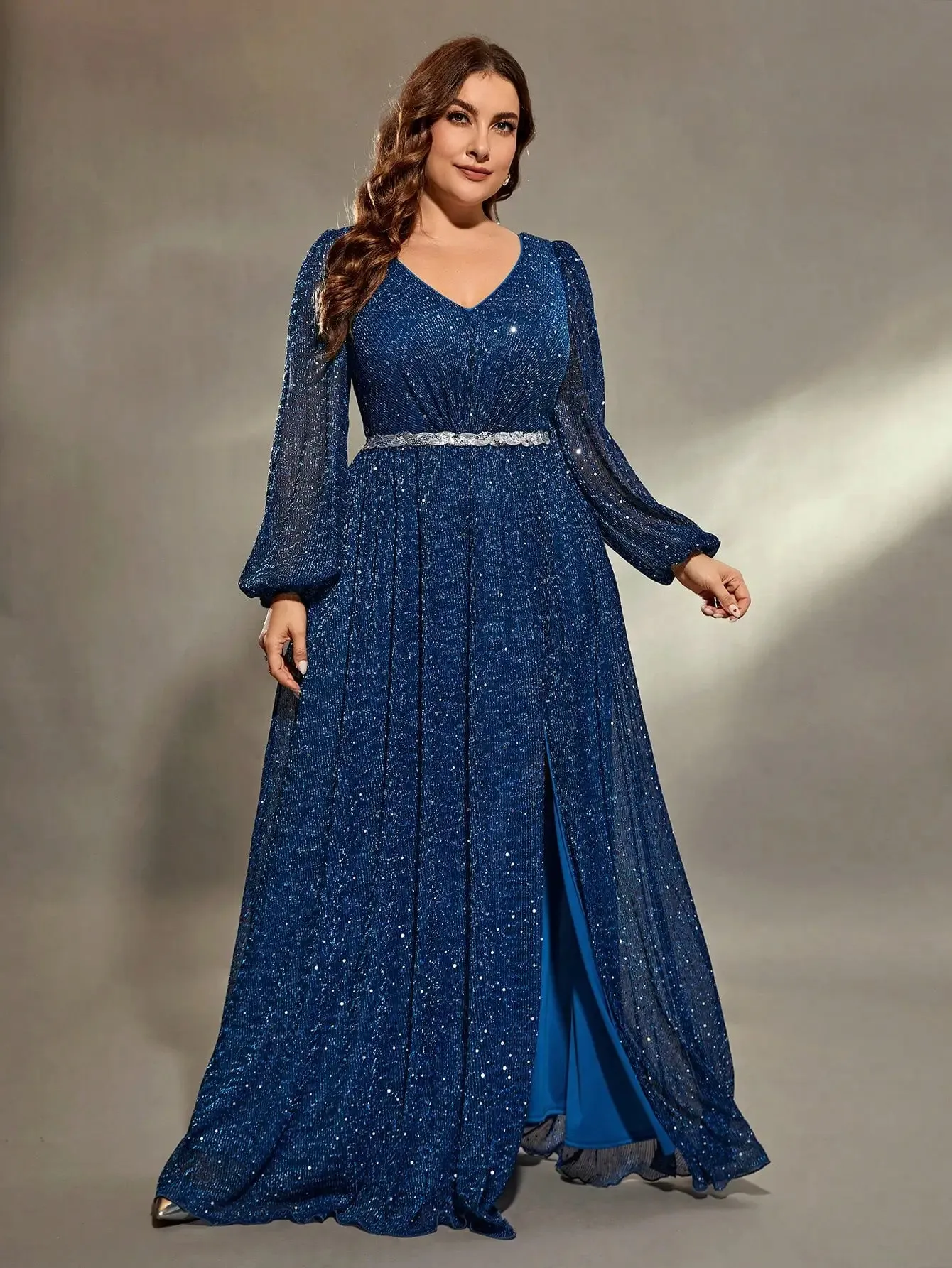 Blue Plus Size Glitter Sequins Long Sleeve Evening Gown