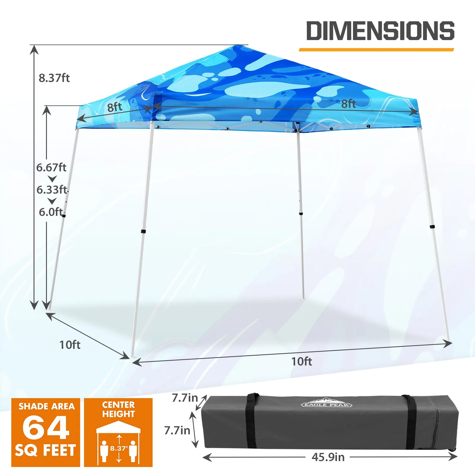 EAGLE PEAK E64 Easy Setup 10x10 Slant Leg Pop up Canopy (64 sqft of Shade)