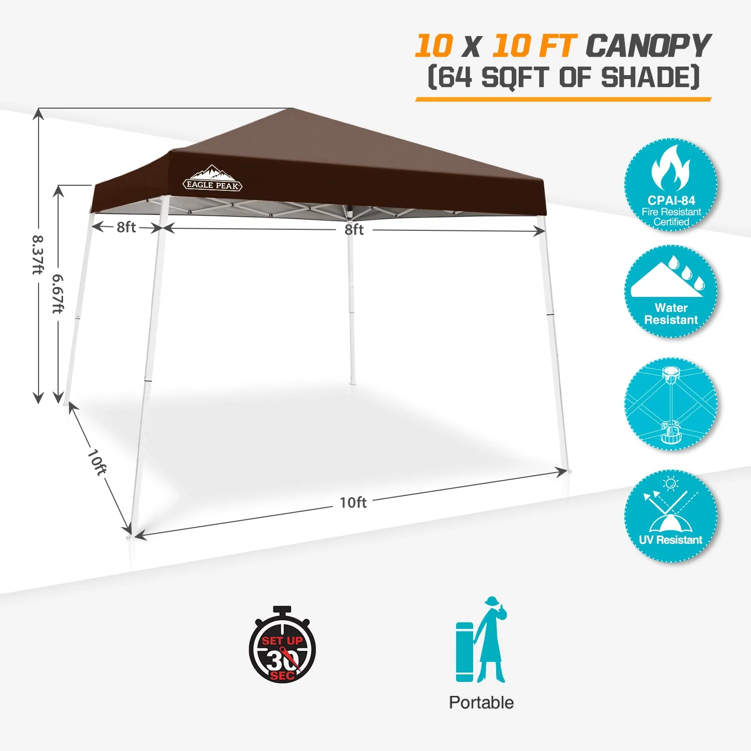 EAGLE PEAK E64 Easy Setup 10x10 Slant Leg Pop up Canopy (64 sqft of Shade)