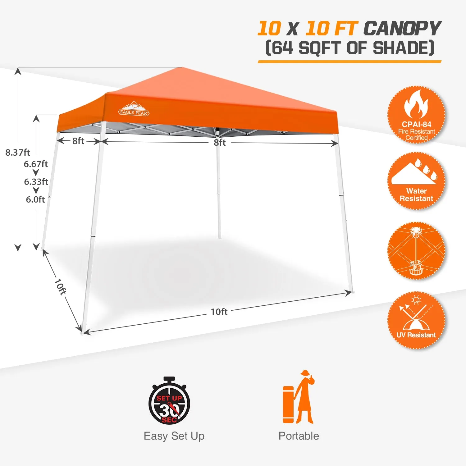 EAGLE PEAK E64 Easy Setup 10x10 Slant Leg Pop up Canopy (64 sqft of Shade)