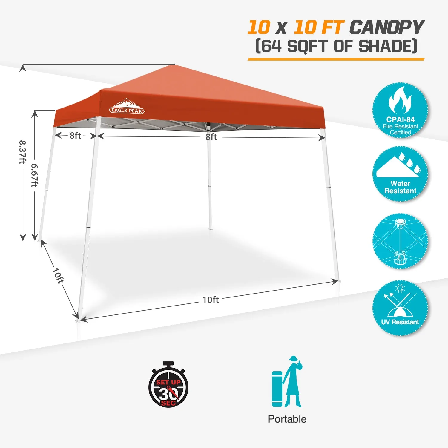 EAGLE PEAK E64 Easy Setup 10x10 Slant Leg Pop up Canopy (64 sqft of Shade)