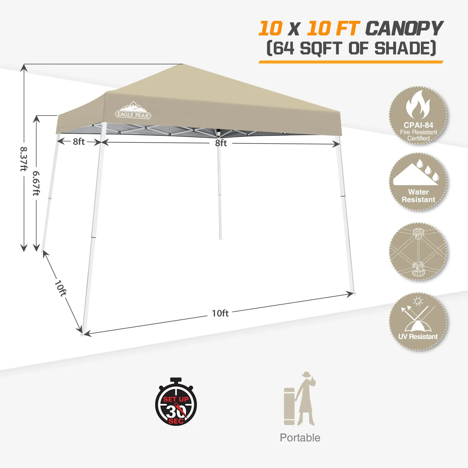 EAGLE PEAK E64 Easy Setup 10x10 Slant Leg Pop up Canopy (64 sqft of Shade)