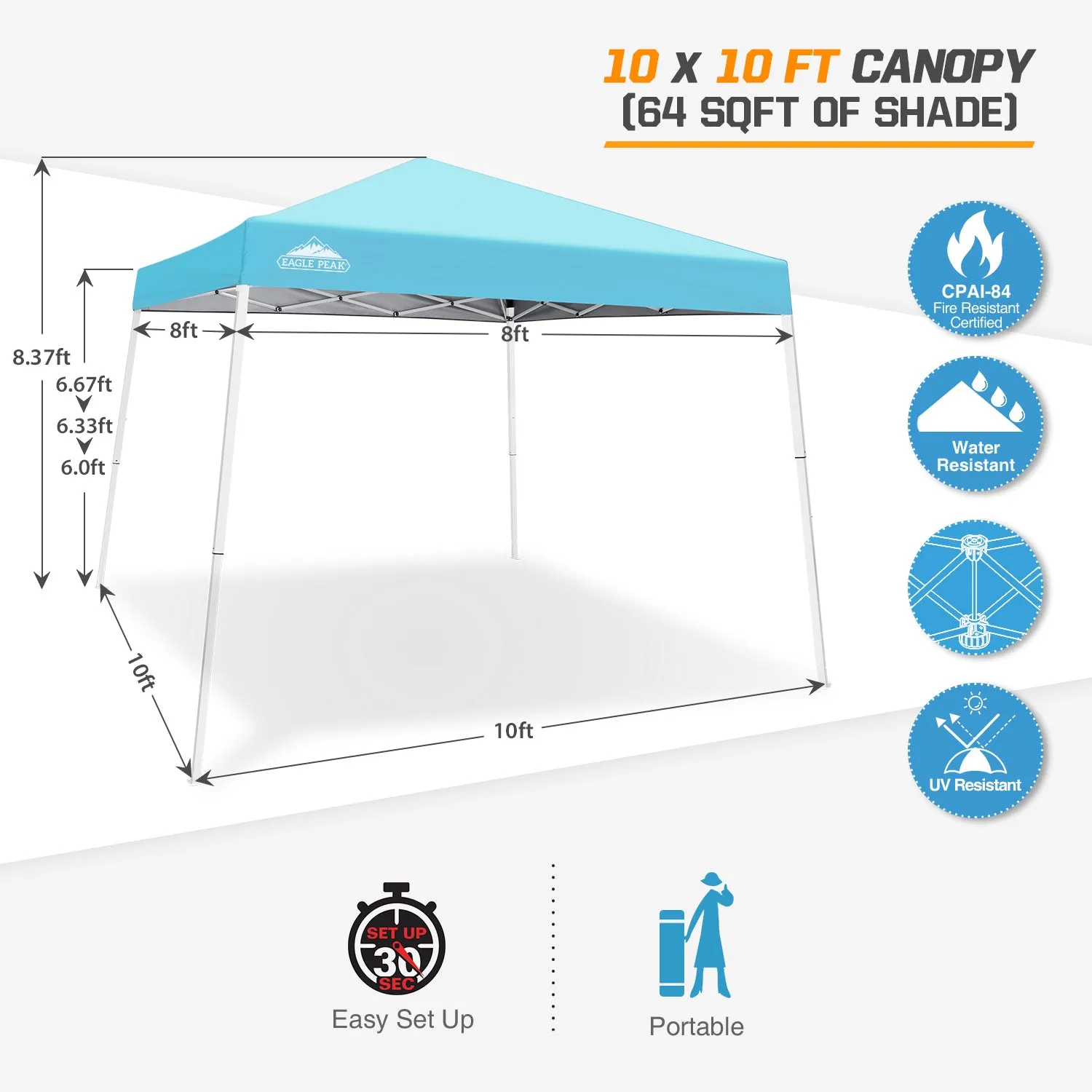 EAGLE PEAK E64 Easy Setup 10x10 Slant Leg Pop up Canopy (64 sqft of Shade)