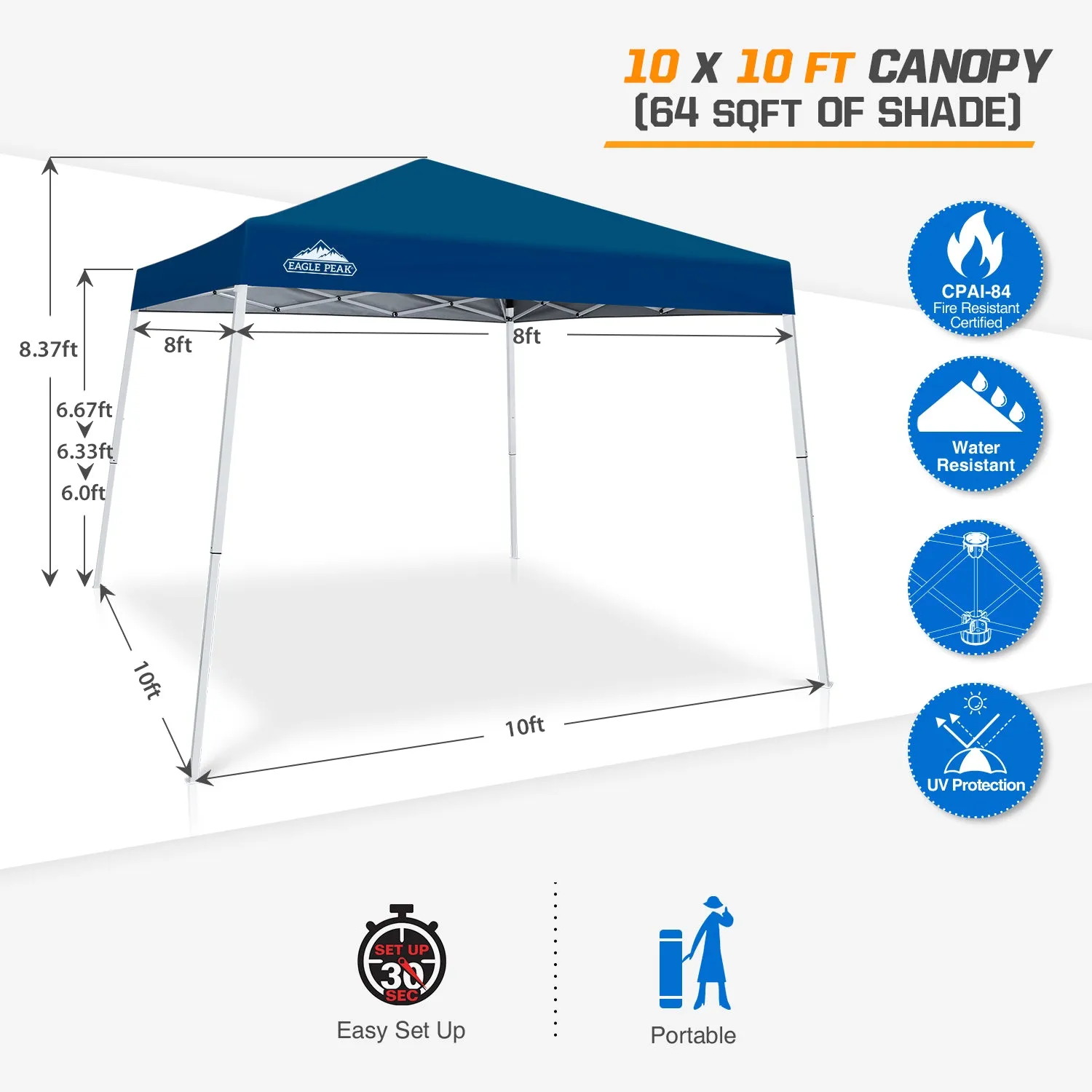 EAGLE PEAK E64 Easy Setup 10x10 Slant Leg Pop up Canopy (64 sqft of Shade)