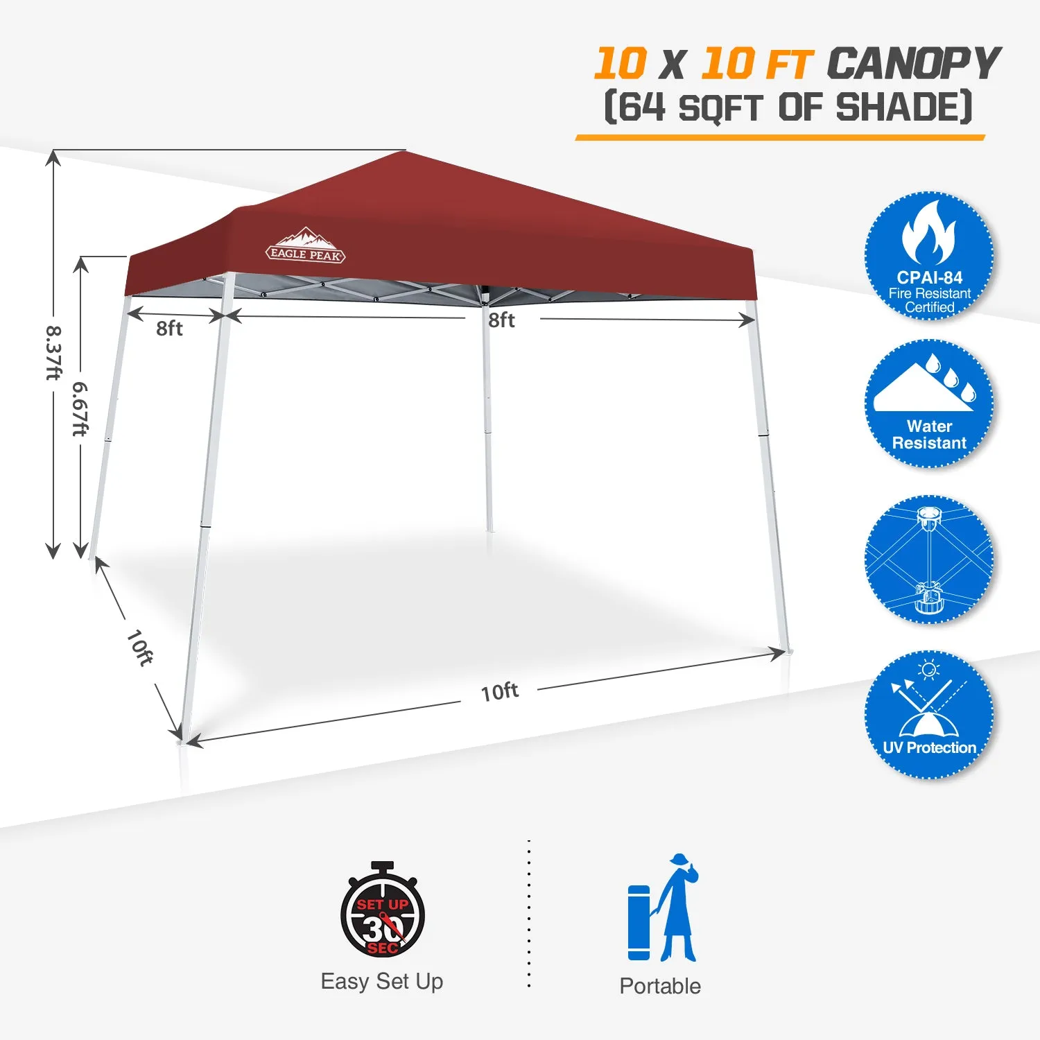 EAGLE PEAK E64 Easy Setup 10x10 Slant Leg Pop up Canopy (64 sqft of Shade)