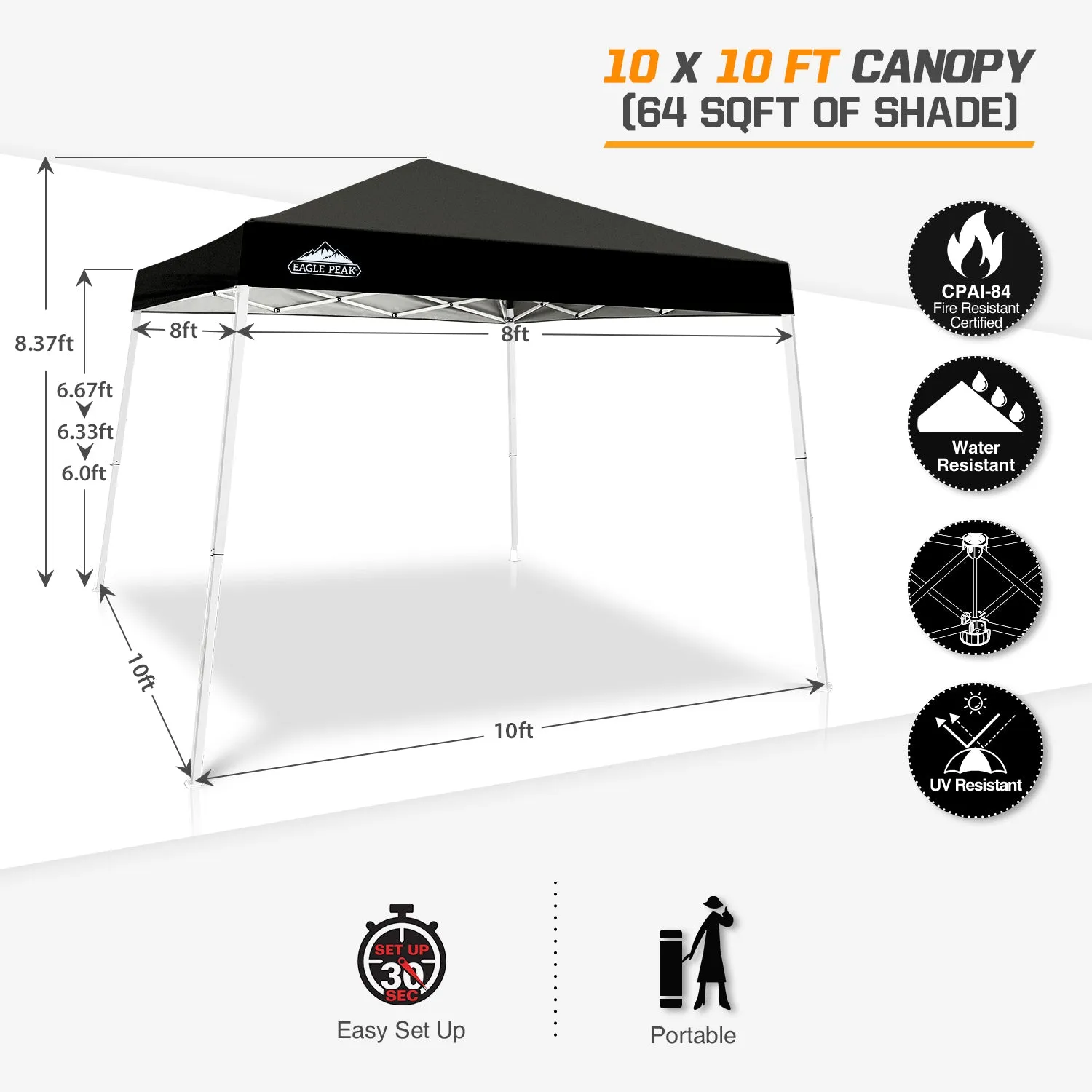 EAGLE PEAK E64 Easy Setup 10x10 Slant Leg Pop up Canopy (64 sqft of Shade)