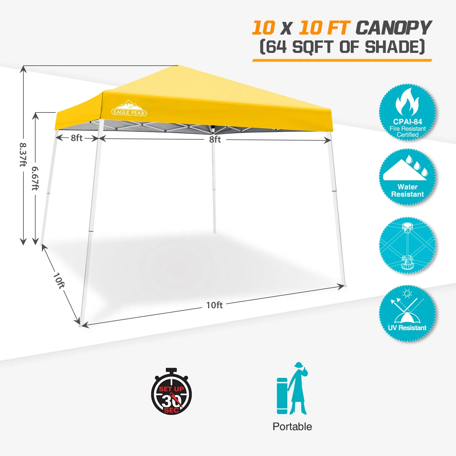 EAGLE PEAK E64 Easy Setup 10x10 Slant Leg Pop up Canopy (64 sqft of Shade)