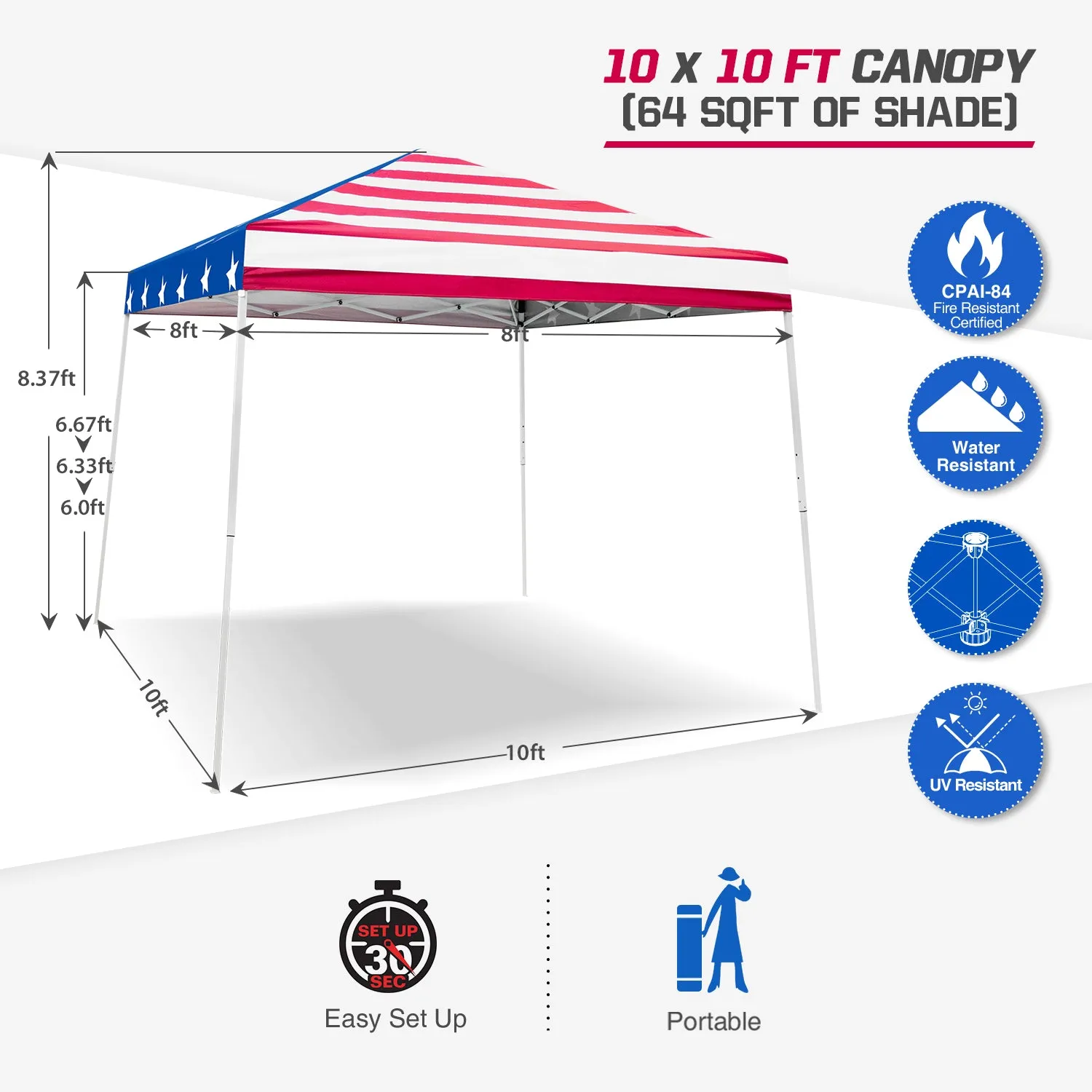 EAGLE PEAK E64 Easy Setup 10x10 Slant Leg Pop up Canopy (64 sqft of Shade)