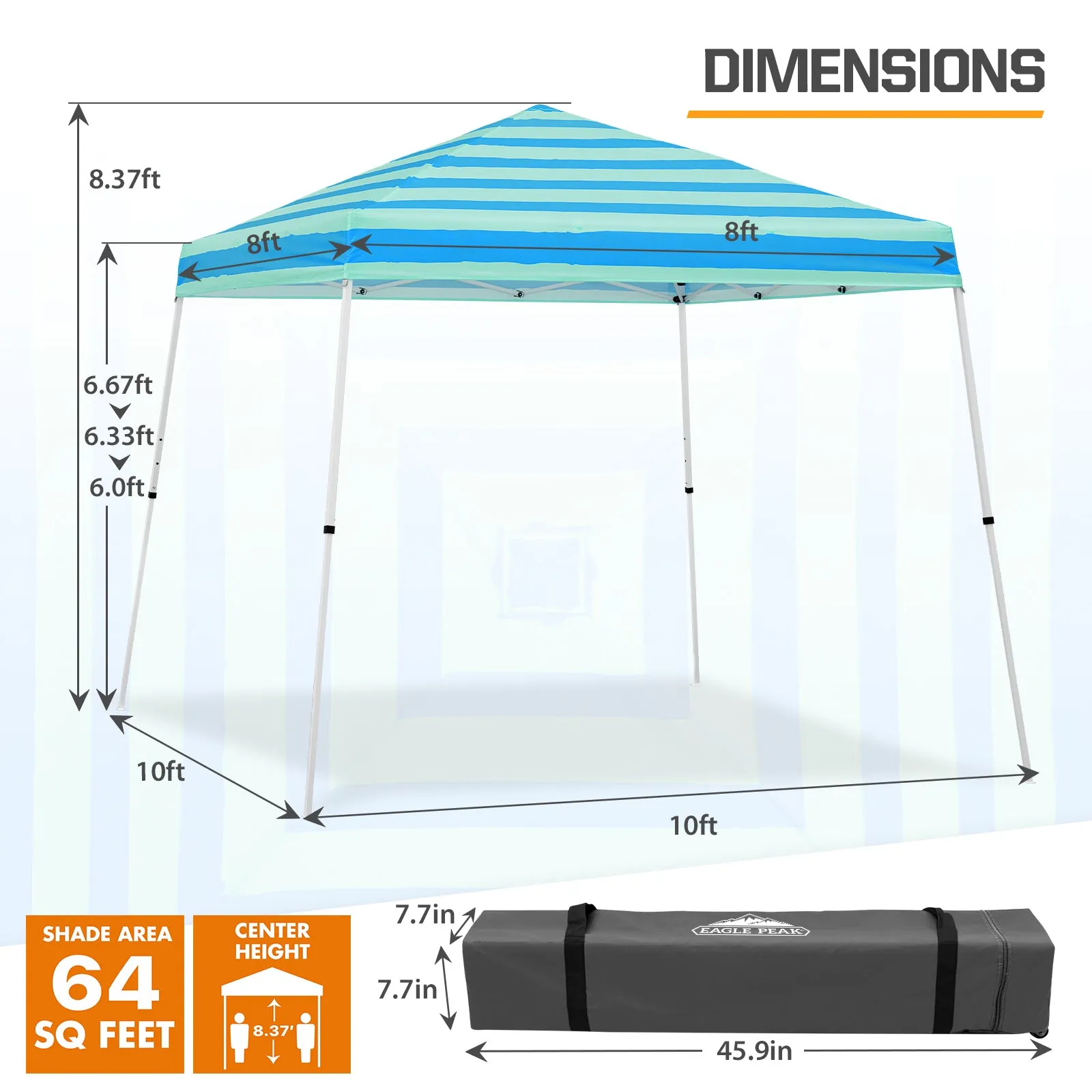 EAGLE PEAK E64 Easy Setup 10x10 Slant Leg Pop up Canopy (64 sqft of Shade)