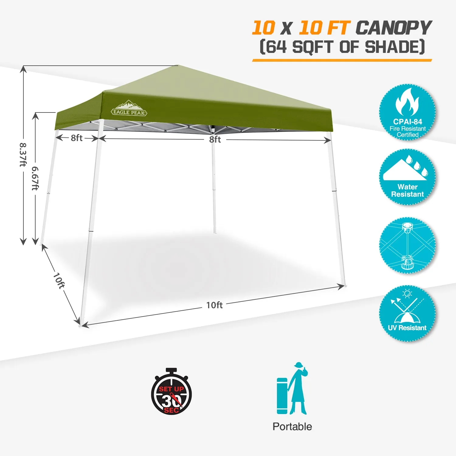 EAGLE PEAK E64 Easy Setup 10x10 Slant Leg Pop up Canopy (64 sqft of Shade)