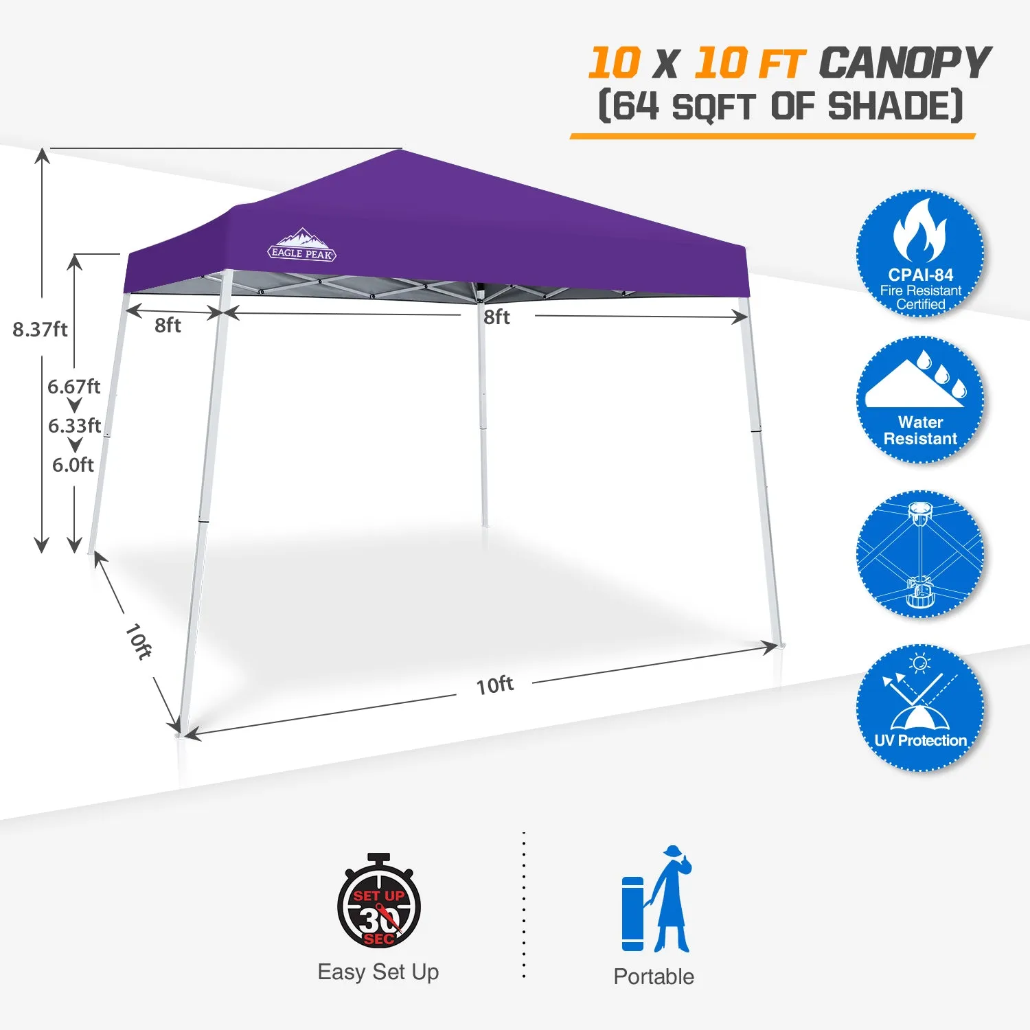 EAGLE PEAK E64 Easy Setup 10x10 Slant Leg Pop up Canopy (64 sqft of Shade)