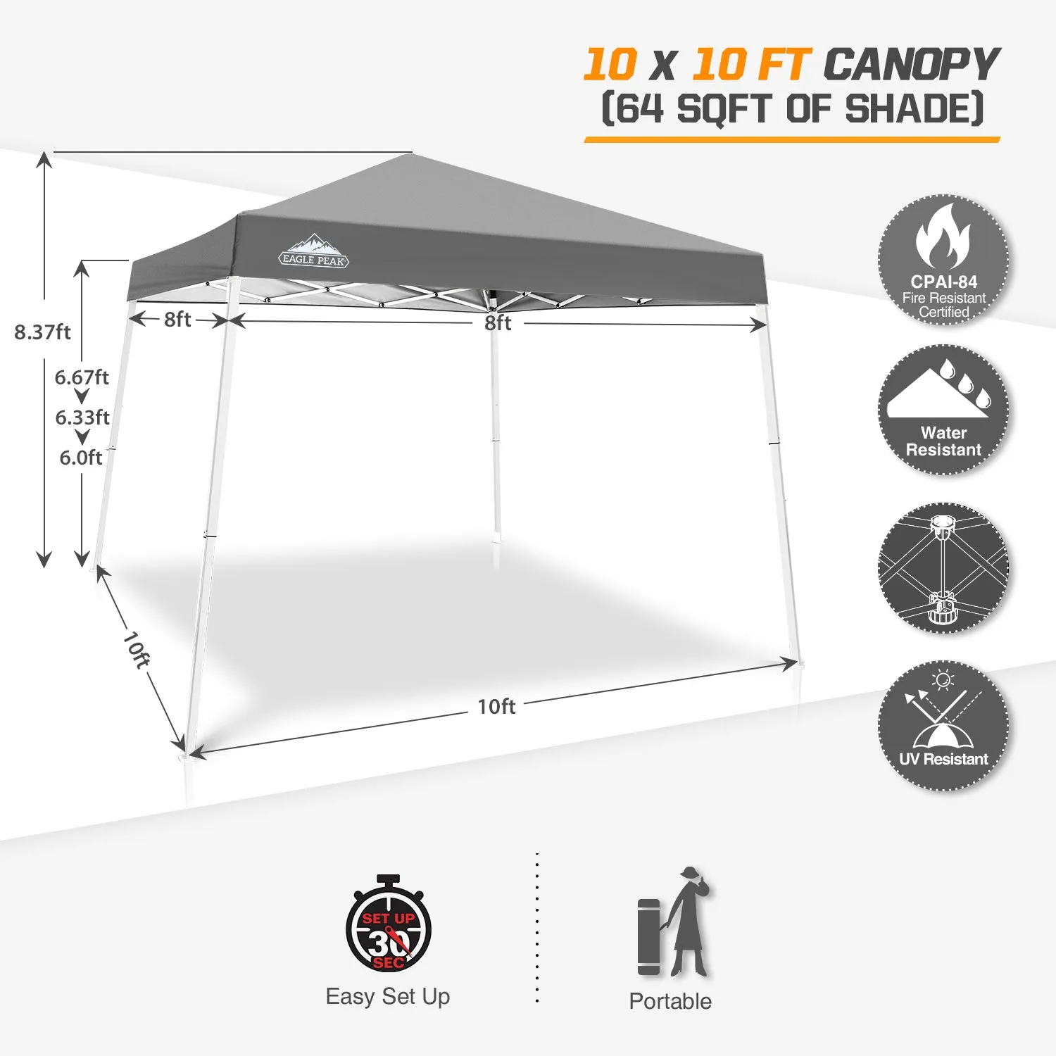 EAGLE PEAK E64 Easy Setup 10x10 Slant Leg Pop up Canopy (64 sqft of Shade)