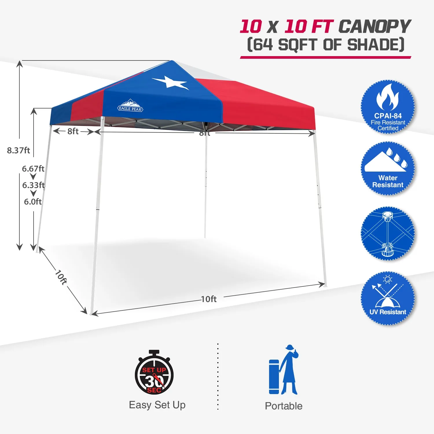 EAGLE PEAK E64 Easy Setup 10x10 Slant Leg Pop up Canopy (64 sqft of Shade)