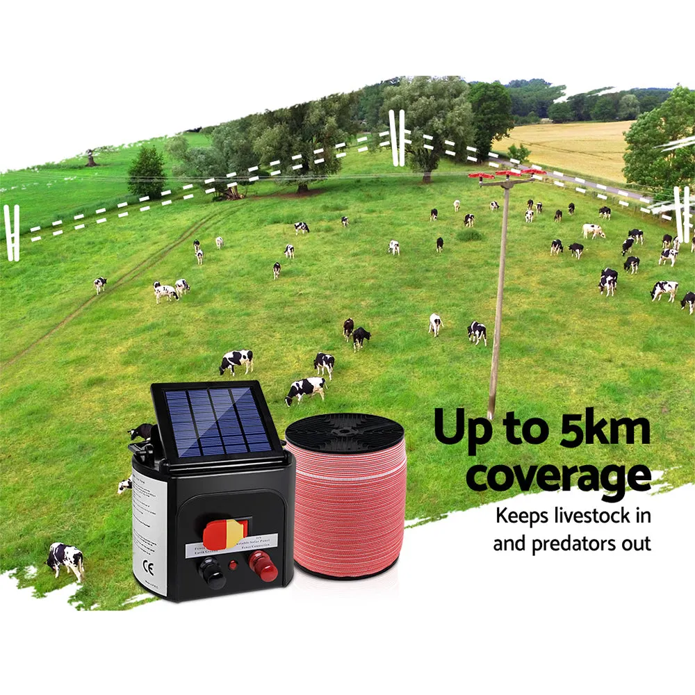 Giantz Electric Fence Energiser 5km Solar Powered 0.15j Set  1200m Tape