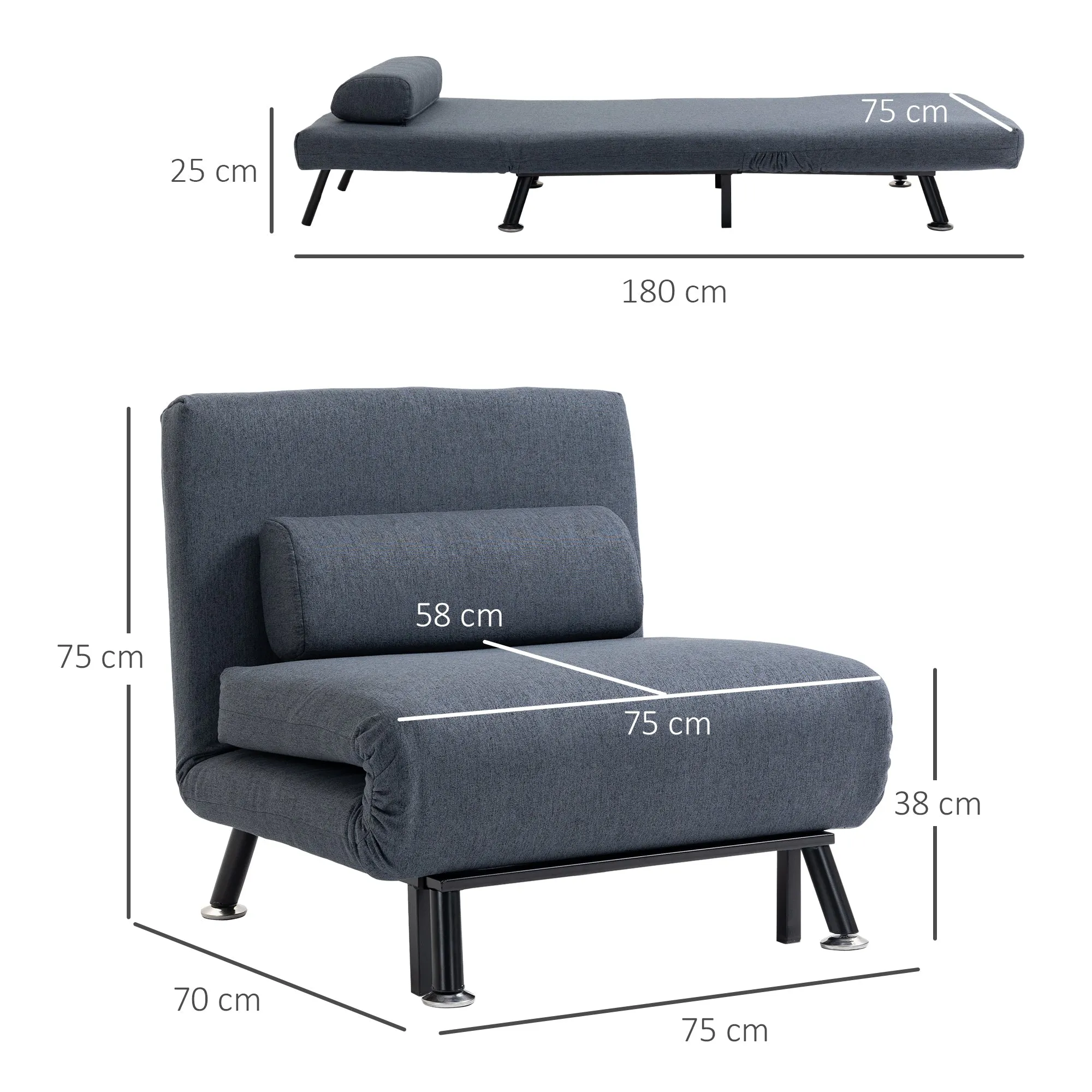 Single Sofa Bed Sleeper, Foldable Portable Pillow Lounge Couch Living Room Furniture, Dark Grey