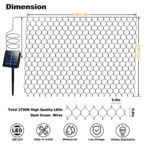 Solar Net Lights 200 LED 9.8Ft x 6.6Ft Bush Net Lights Outdoor Mesh Lights Dark Green Wire Waterproof 8 Modes Auto On/Off Outside Garden Twinkle Lights for Patio Wall Roof Balcony Decor (Warm White)