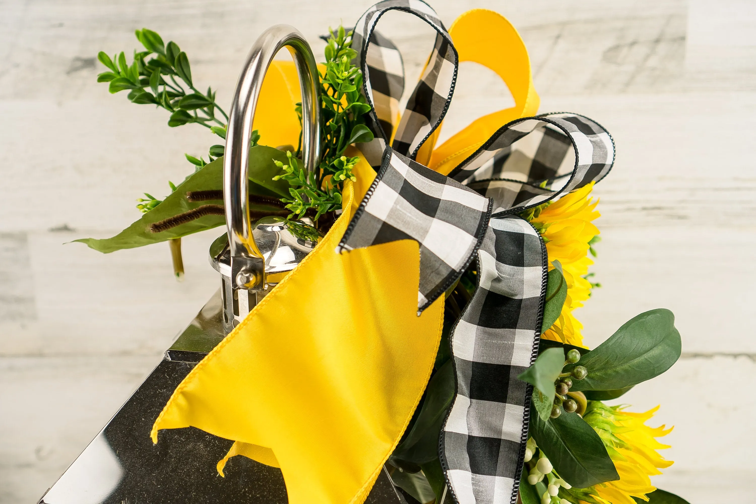 Sunflower Lantern Swag with Buffalo Check Bow - Choice of Ribbon